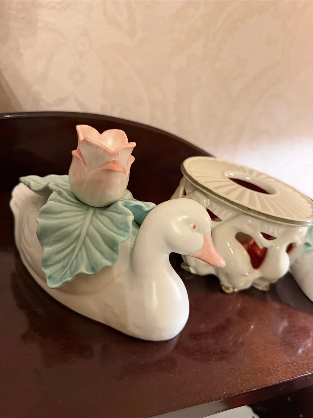 Set of 3 candle holders  Duck Figurine with Pink Flowers